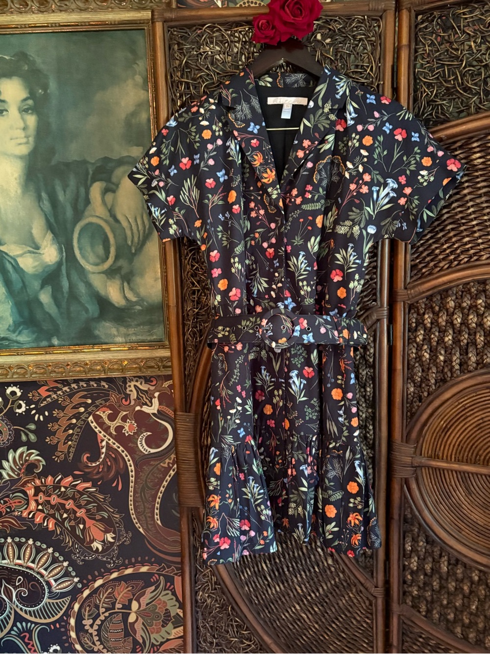 Hutch Black Botanical Floral Belted Mini Dress | Cottagecore Garden | Size Small